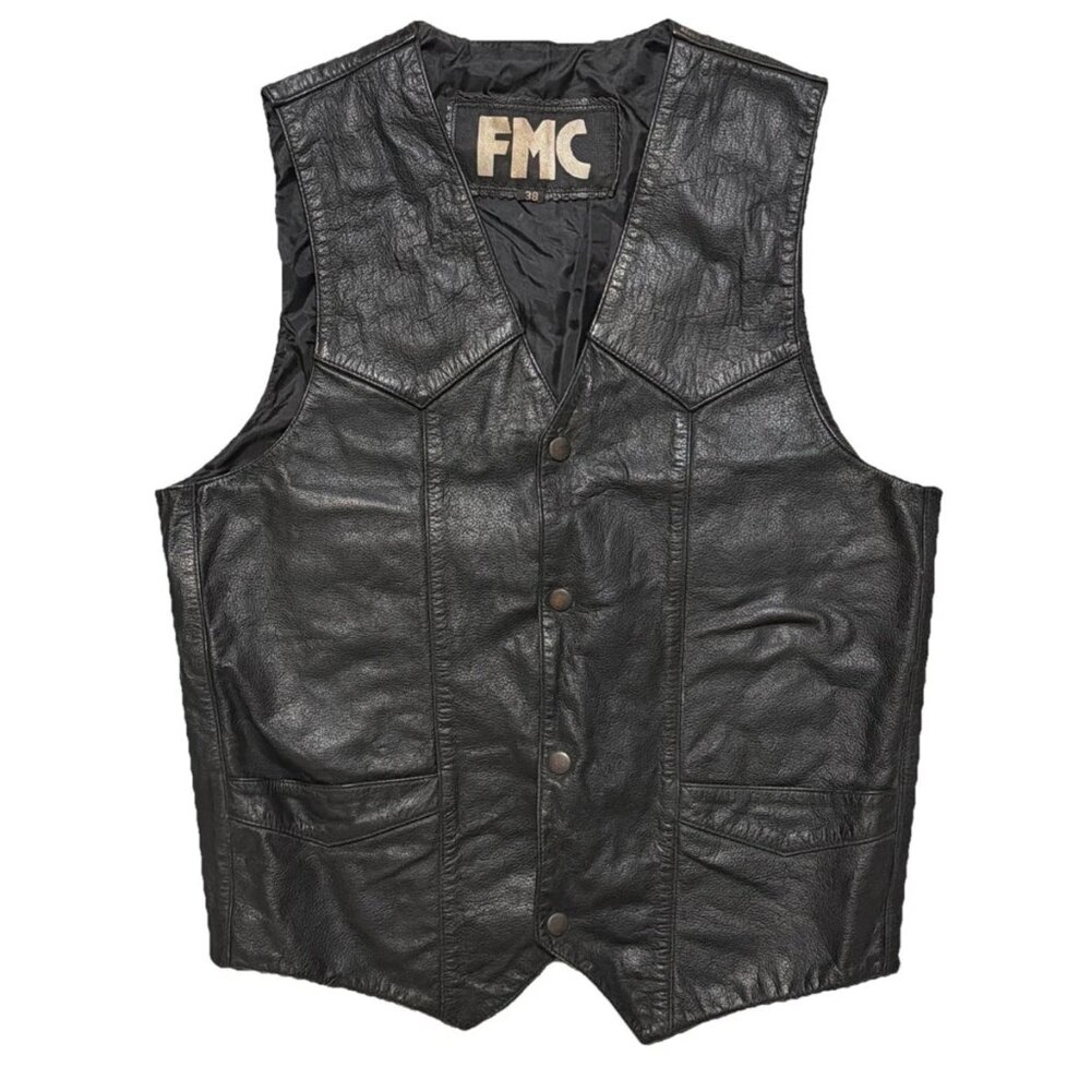 FMC Leather Vest Men's Size 38 Snapdown Concealed Pockets Motorcycle Biker